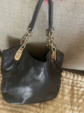 Michael Kors Classic Black Leather Shoulder Tote with Gold Chain Accents